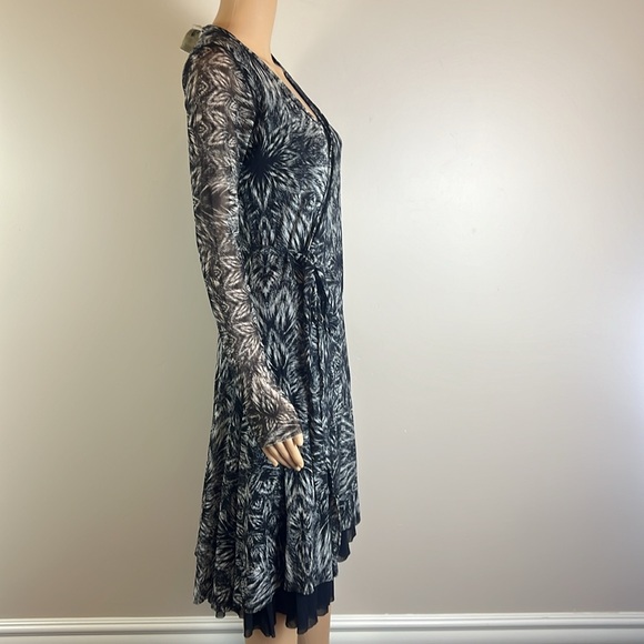 Fuzzi Sheer Mesh Black and White Abstract Print Whimsigoth Y2K Wrap Dress - Picture 8 of 11